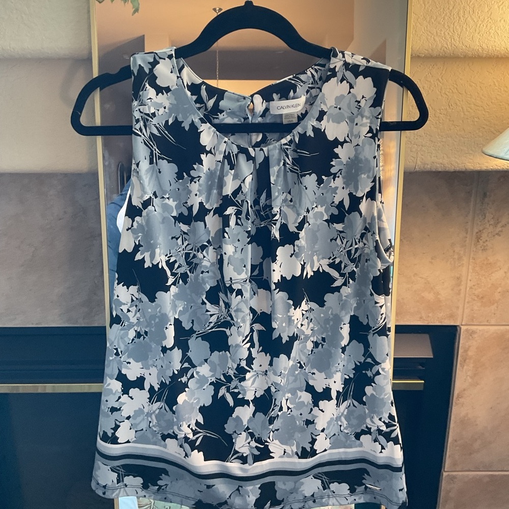 Calvin Klein Blue and White Sleeveless Blouse